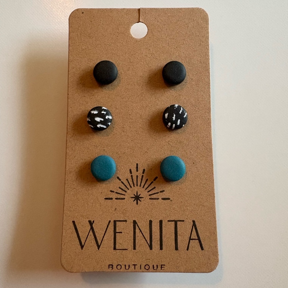 Wenita Boutique 3-Pair Stud Earring Set - Black, Patterned Black, Teal